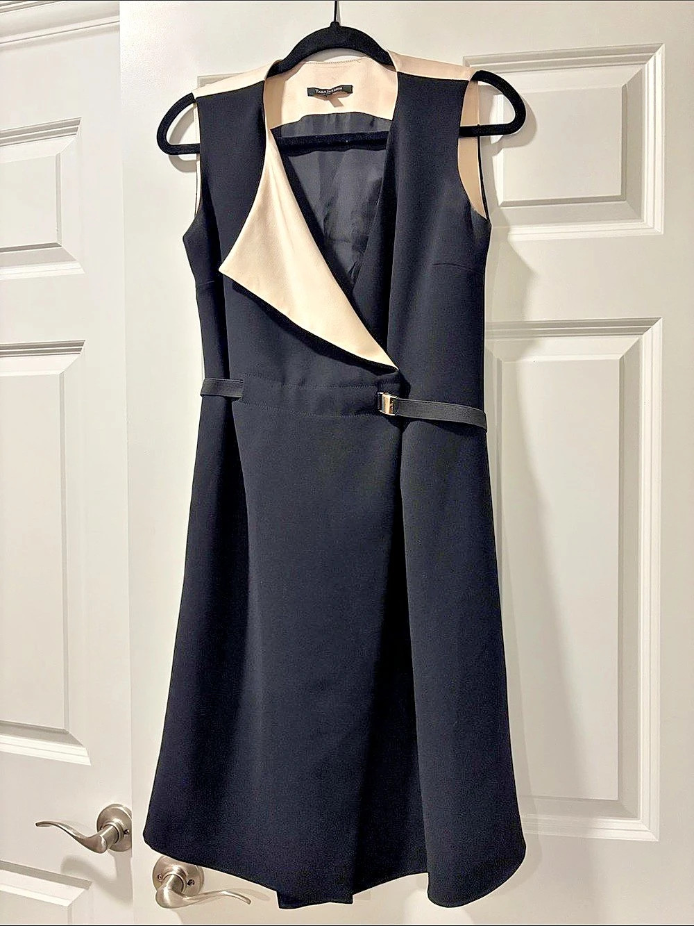 Tara Jarmon Robe Dress Black & Cream Belted Midi Dress Size 38 Like New